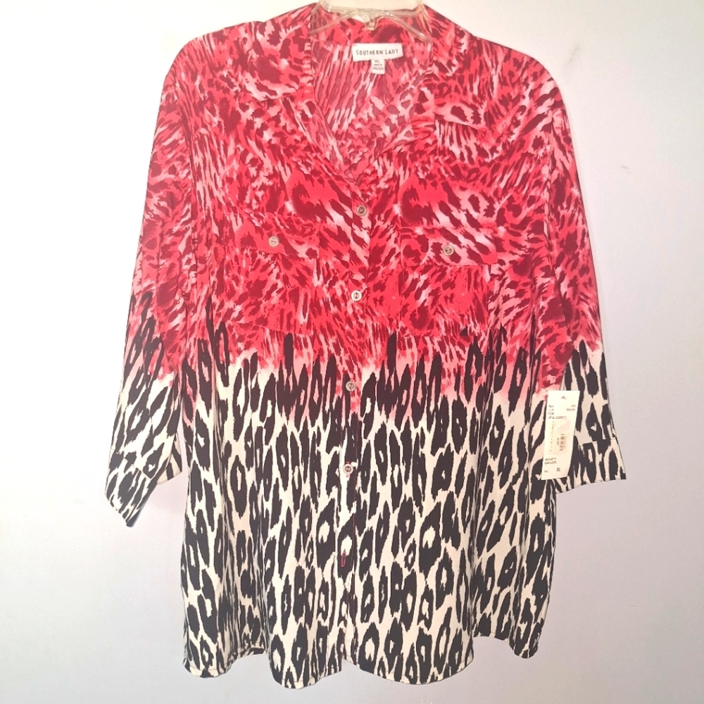 Southern‎ Lady XL NWT Blouse Pink Black Animal Print Button Down 3/4 Sleeves Top